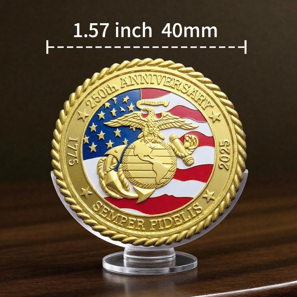 US Marine Corps 250th Anniversary Commemorative Coin – Gold-Plated Challenge Coin, 1.57 Inch