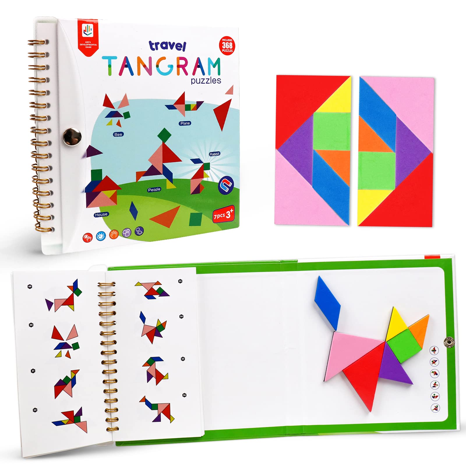 USATDD Magnetic Travel Tangram Puzzle – 2 Sets of Pattern Blocks with 368 Challenges for Kids and Adults