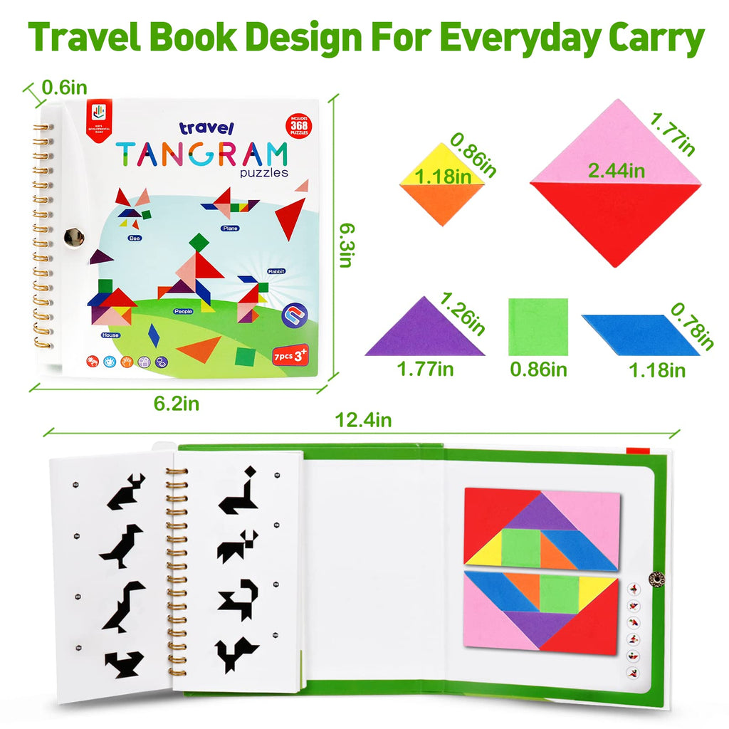 USATDD Magnetic Travel Tangram Puzzle – 2 Sets of Pattern Blocks with 368 Challenges for Kids and Adults
