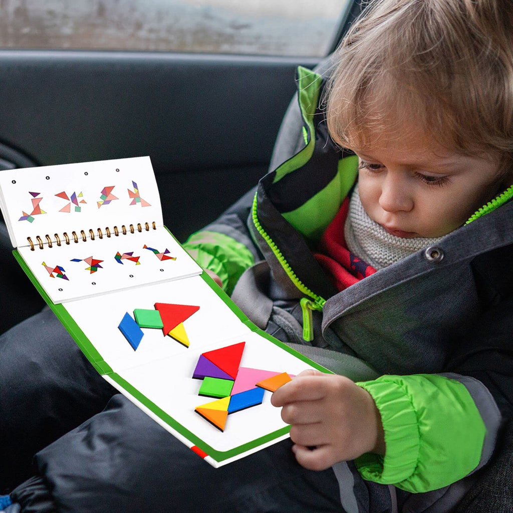 USATDD Magnetic Travel Tangram Puzzle – 2 Sets of Pattern Blocks with 368 Challenges for Kids and Adults