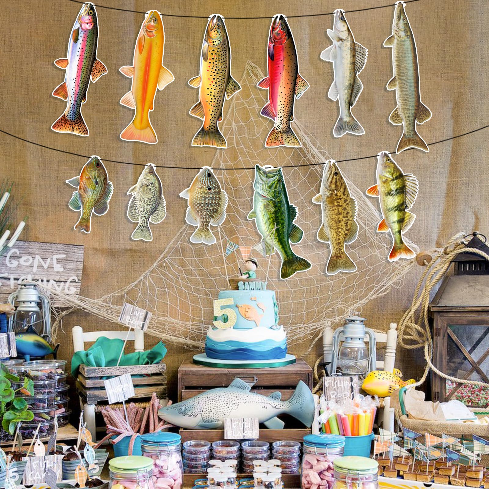 Ushinemi Fishing Birthday Banner – 12 Realistic Fish Cards for Party Decor (Bass, Trout, Sunfish)