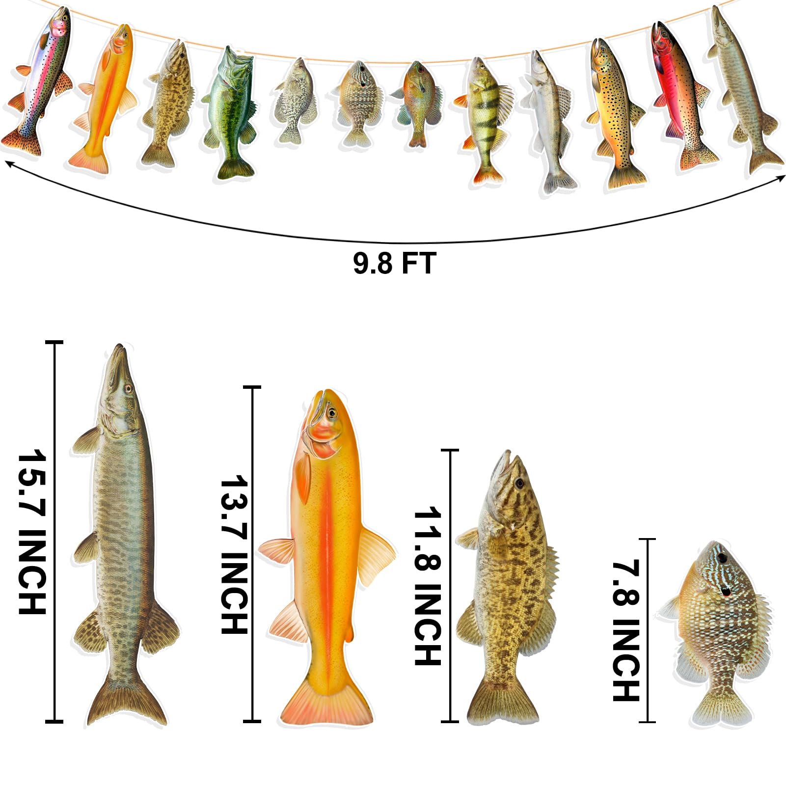 Ushinemi Fishing Birthday Banner – 12 Realistic Fish Cards for Party Decor (Bass, Trout, Sunfish)