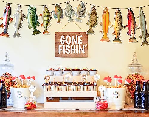 Ushinemi Fishing Birthday Banner – 12 Realistic Fish Cards for Party Decor (Bass, Trout, Sunfish)