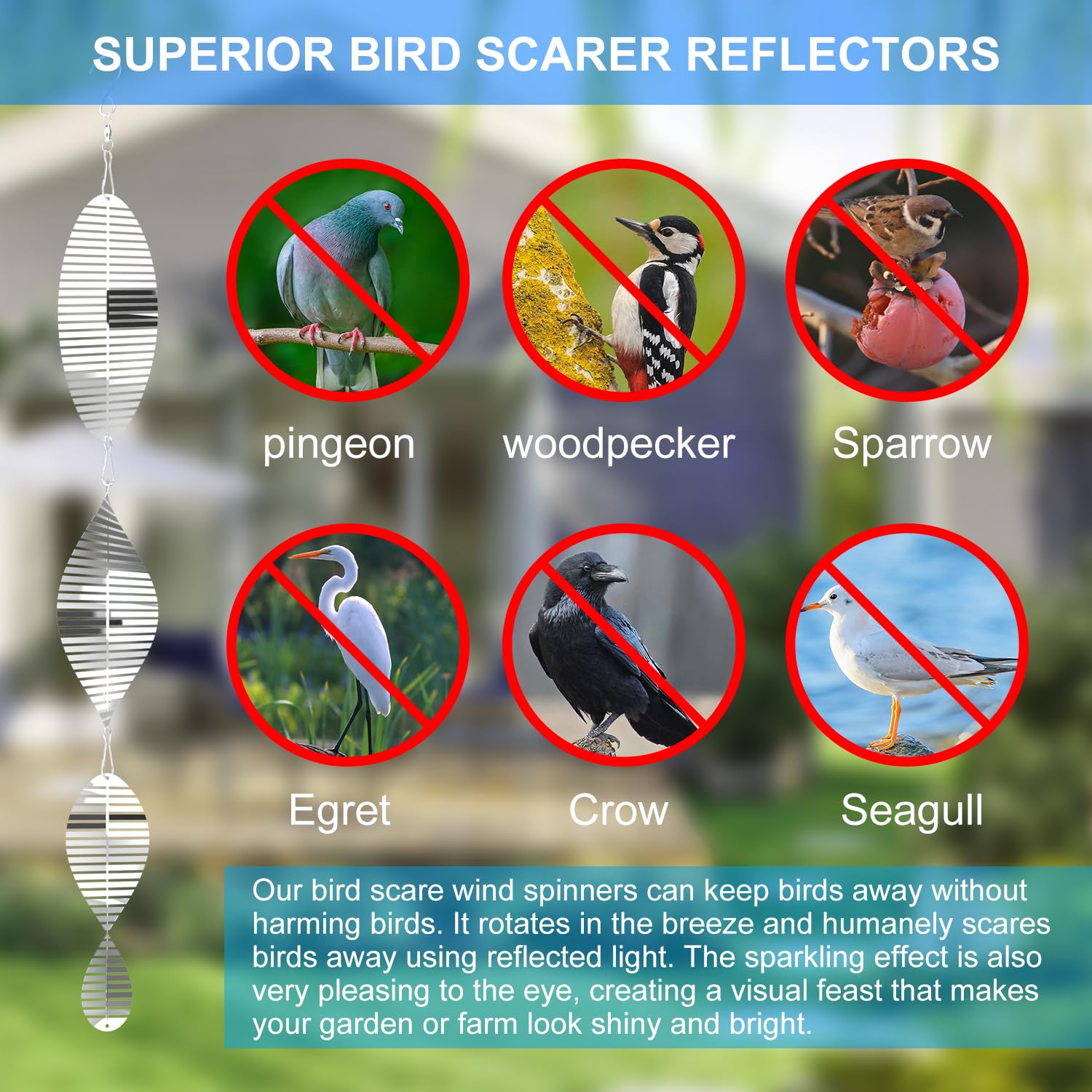 UTFFEDY 304 Stainless Steel Bird Scarer Wind Spinners - 3D Reflective Discs Set