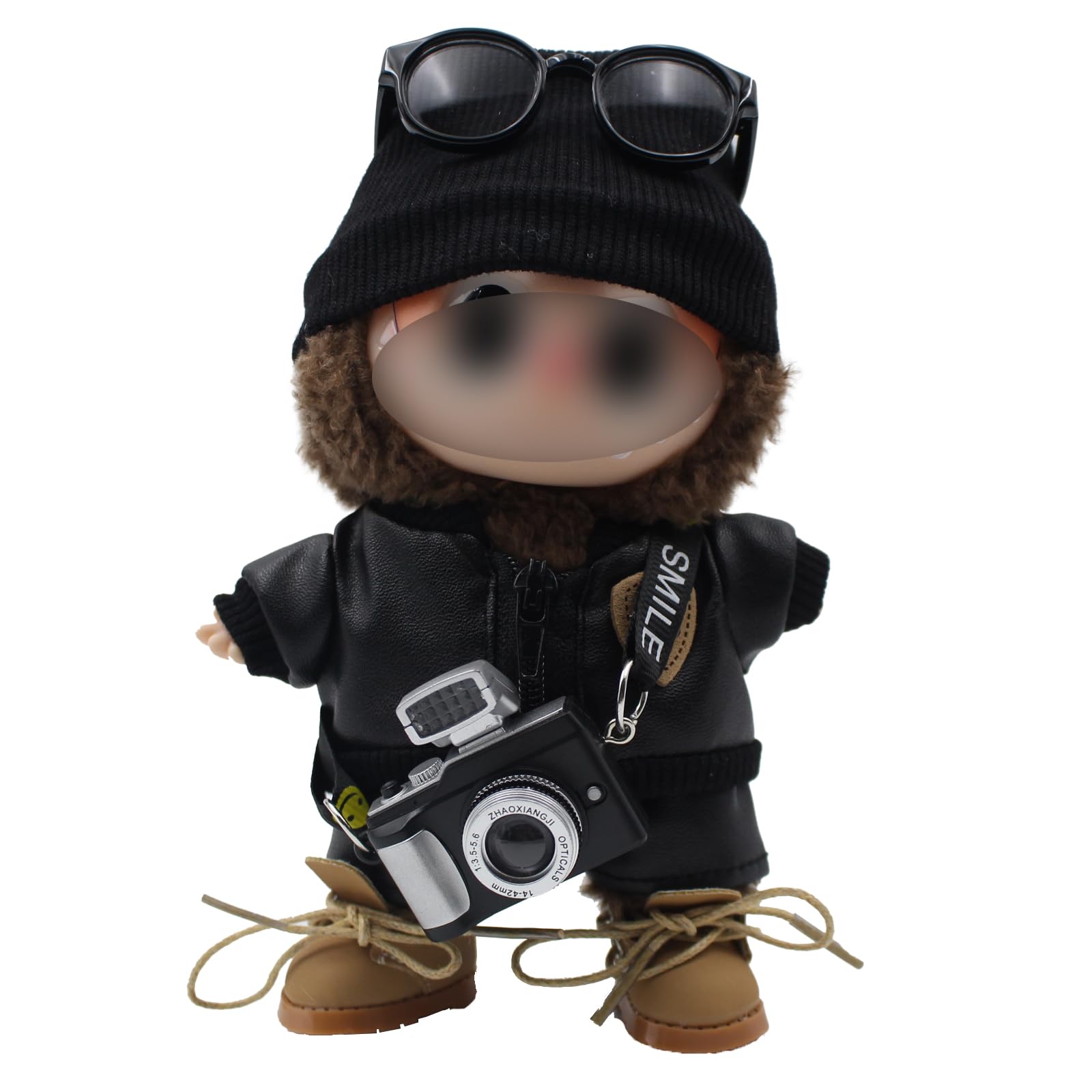 UtoMoya 17cm Doll Clothes Outfit Set for Labubu Boy – 6-Piece Handmade Hat, Jacket, Pants, Glasses, Boots & Camera Prop