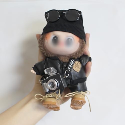 UtoMoya 17cm Doll Clothes Outfit Set for Labubu Boy – 6-Piece Handmade Hat, Jacket, Pants, Glasses, Boots & Camera Prop