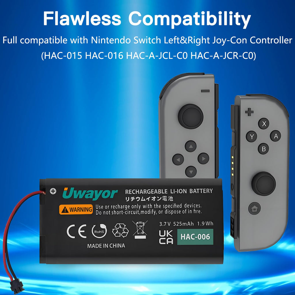Uwayor 2-Pack HAC-006 Battery for Nintendo Switch Joy-Con Controller – 525mAh Replacement with Tool Kit