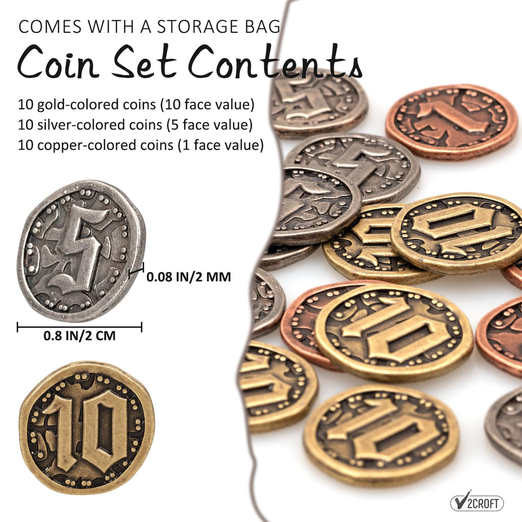 v2croft 30-Piece Metal Game Coin Set – Gold, Silver & Copper Denominations for Board Games and RPGs