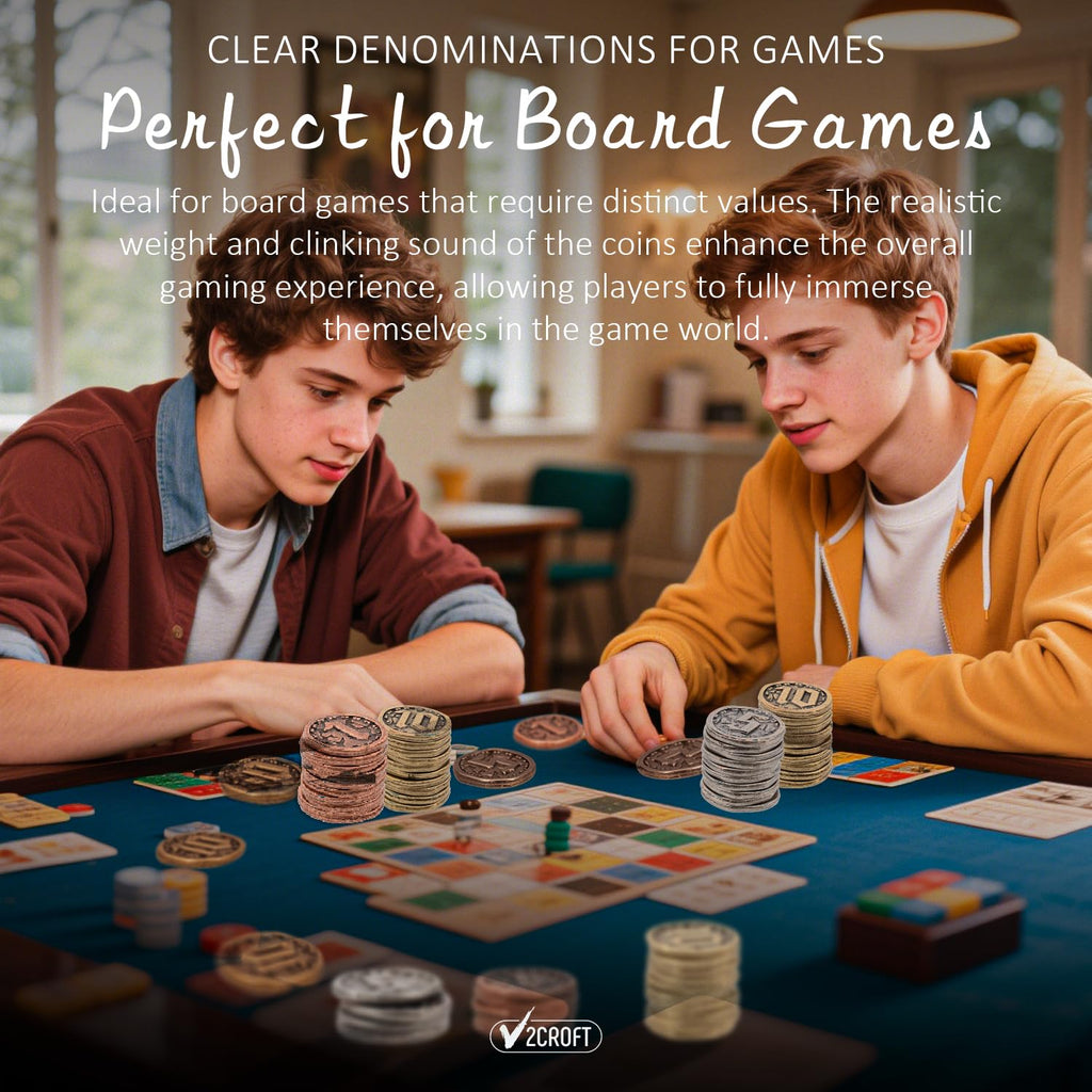 v2croft 30-Piece Metal Game Coin Set – Gold, Silver & Copper Denominations for Board Games and RPGs