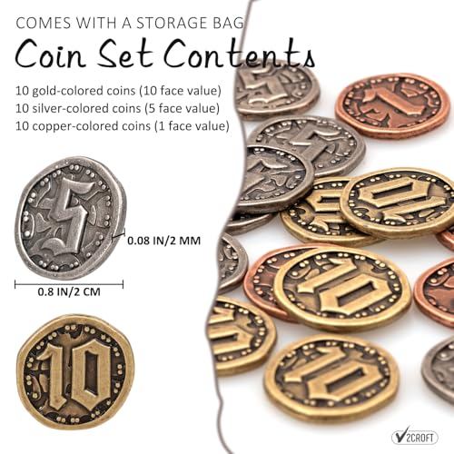 v2croft 30-Piece Metal Game Coin Set – Gold, Silver & Copper Denominations for Board Games and RPGs