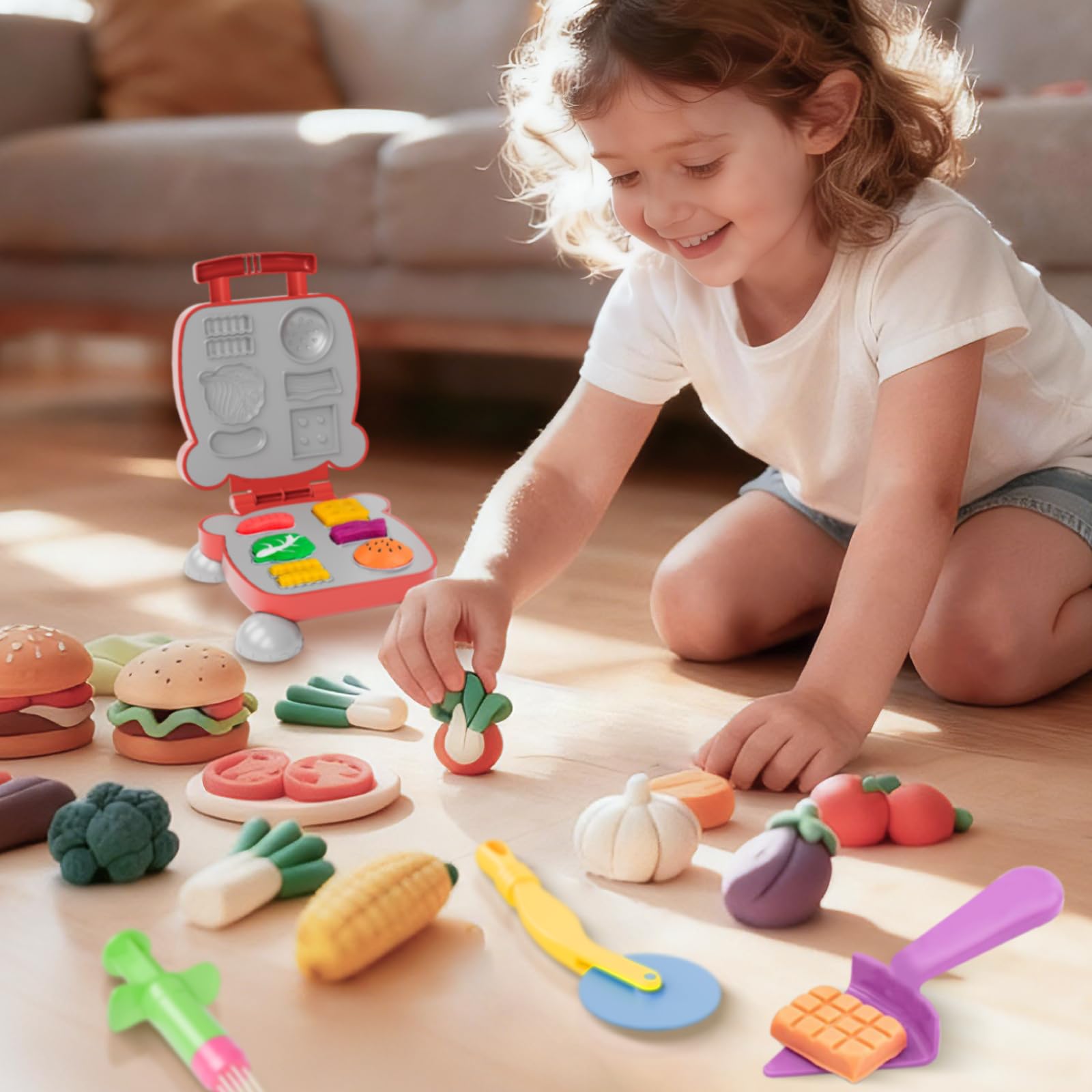 Vaike kauss 41-Piece Dough Toy Set for Kids – Burger, Ice Cream, Cookie Molds, Roller, Cutters & Storage Bag