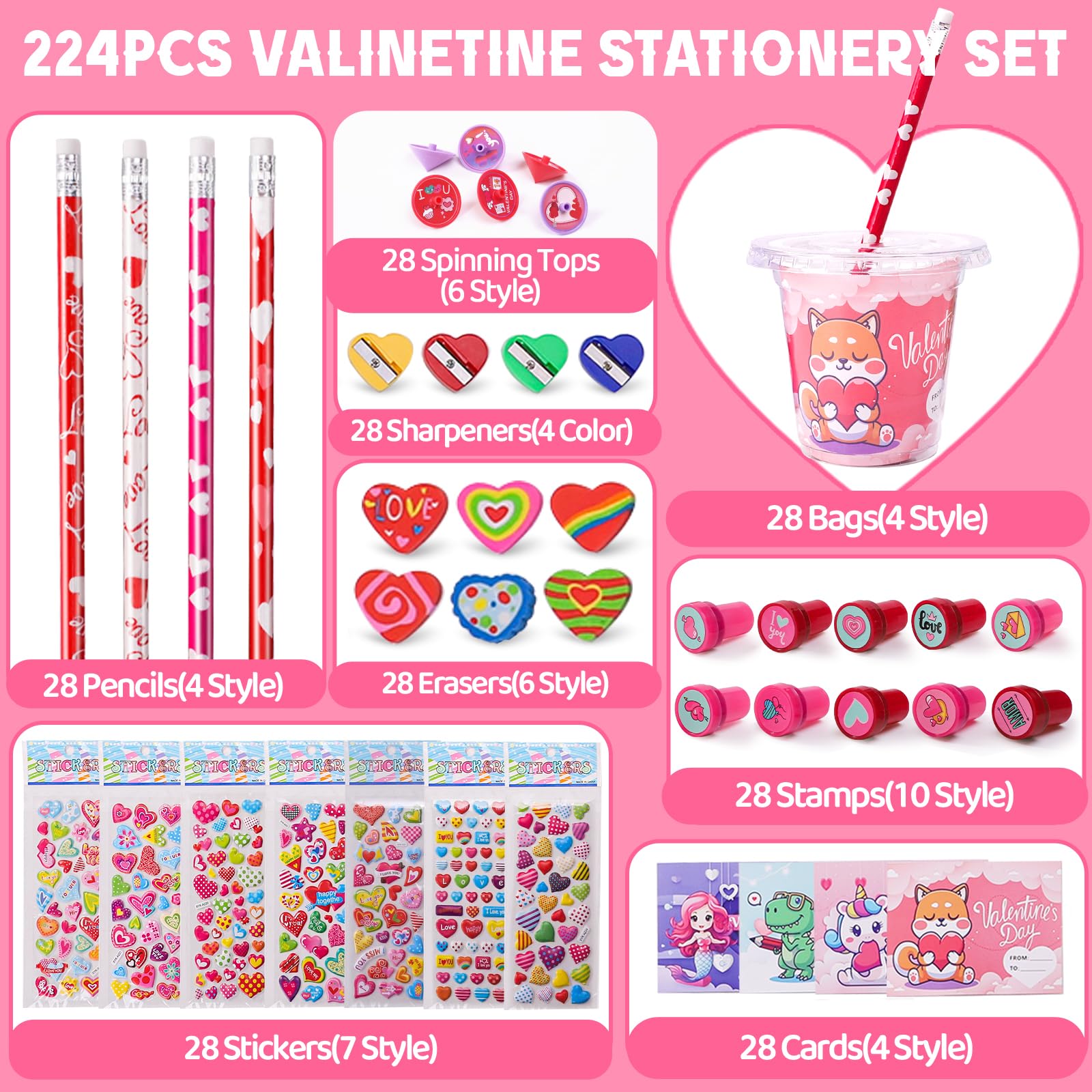 Valentine's Day 28 Pack Stationery Set for Kids - 224 Piece Classroom Exchange Gifts with Cups, Cards, Pencils & More