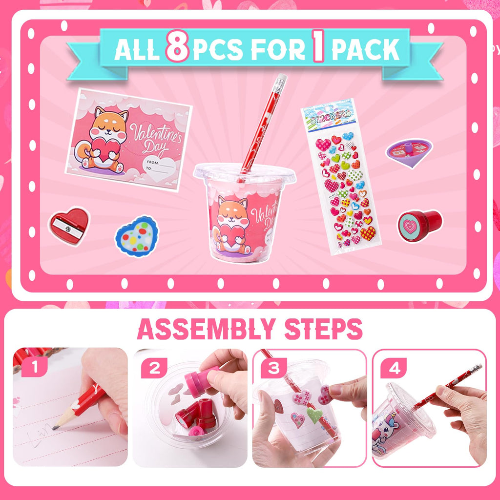 Valentine's Day 28 Pack Stationery Set for Kids - 224 Piece Classroom Exchange Gifts with Cups, Cards, Pencils & More