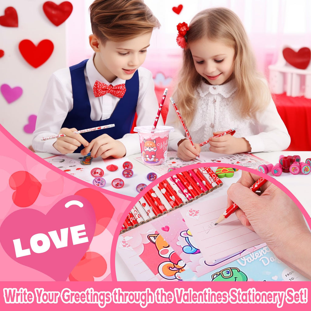 Valentine's Day 28 Pack Stationery Set for Kids - 224 Piece Classroom Exchange Gifts with Cups, Cards, Pencils & More