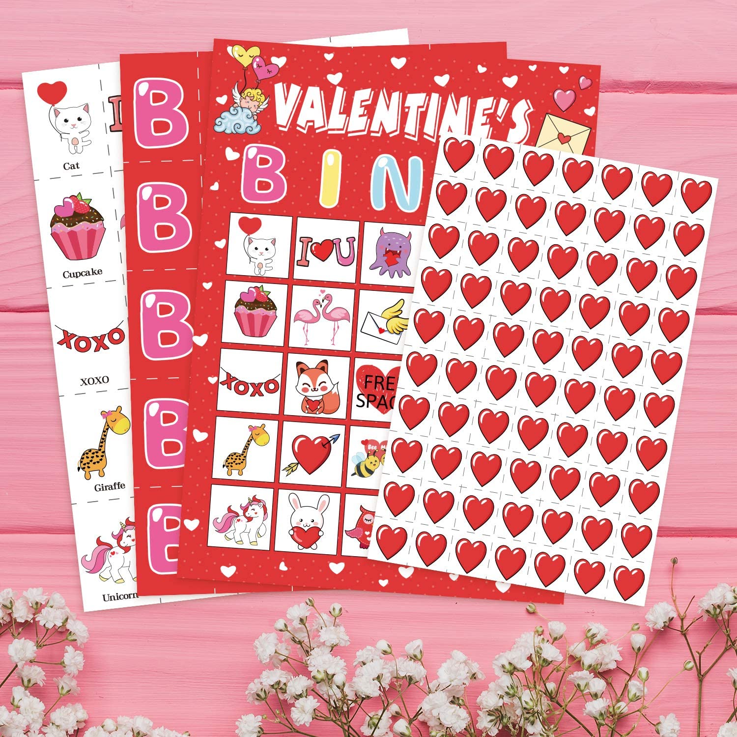 Valentine's Day Bingo Set with 40 Cards, 28 Caller Chips, and Festive Design for Adult Parties