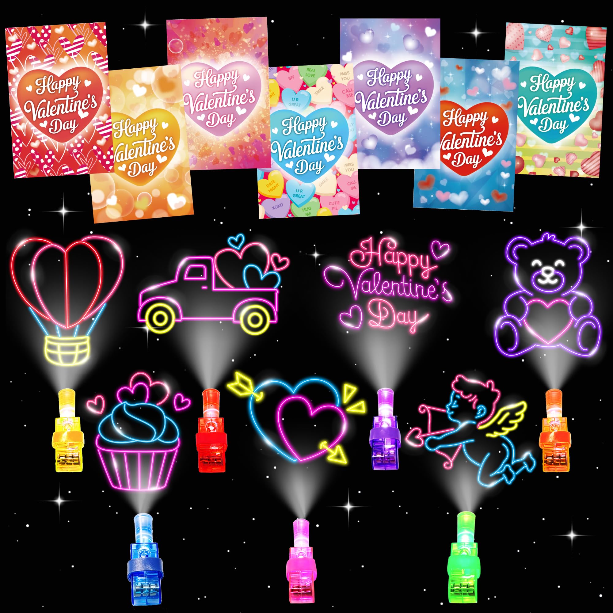 Valentine's Day Cards with Finger Lights - 28 Pack Neon Projection Party Favors for Kids Classroom Exchange