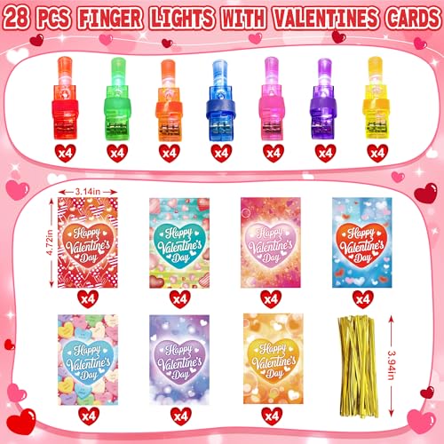 Valentine's Day Cards with Finger Lights - 28 Pack Neon Projection Party Favors for Kids Classroom Exchange