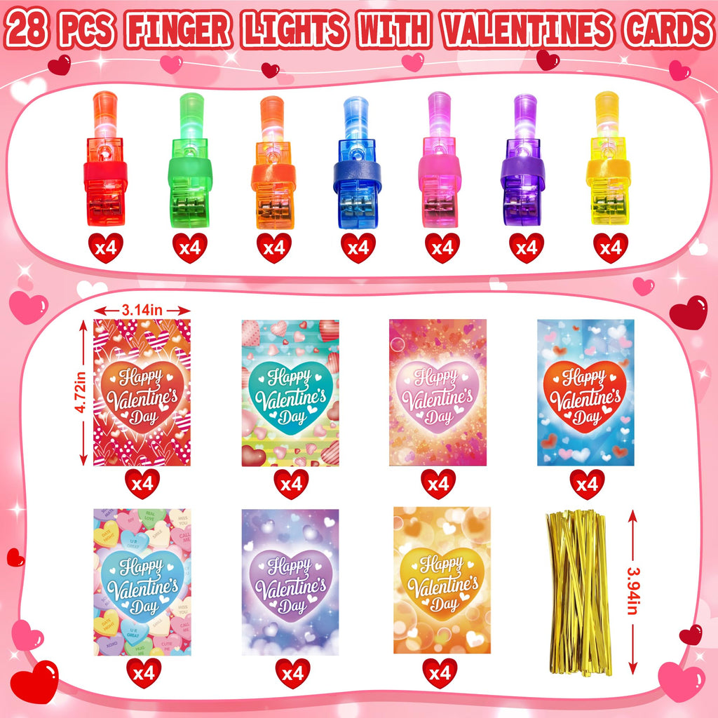 Valentine's Day Cards with Finger Lights - 28 Pack Neon Projection Party Favors for Kids Classroom Exchange