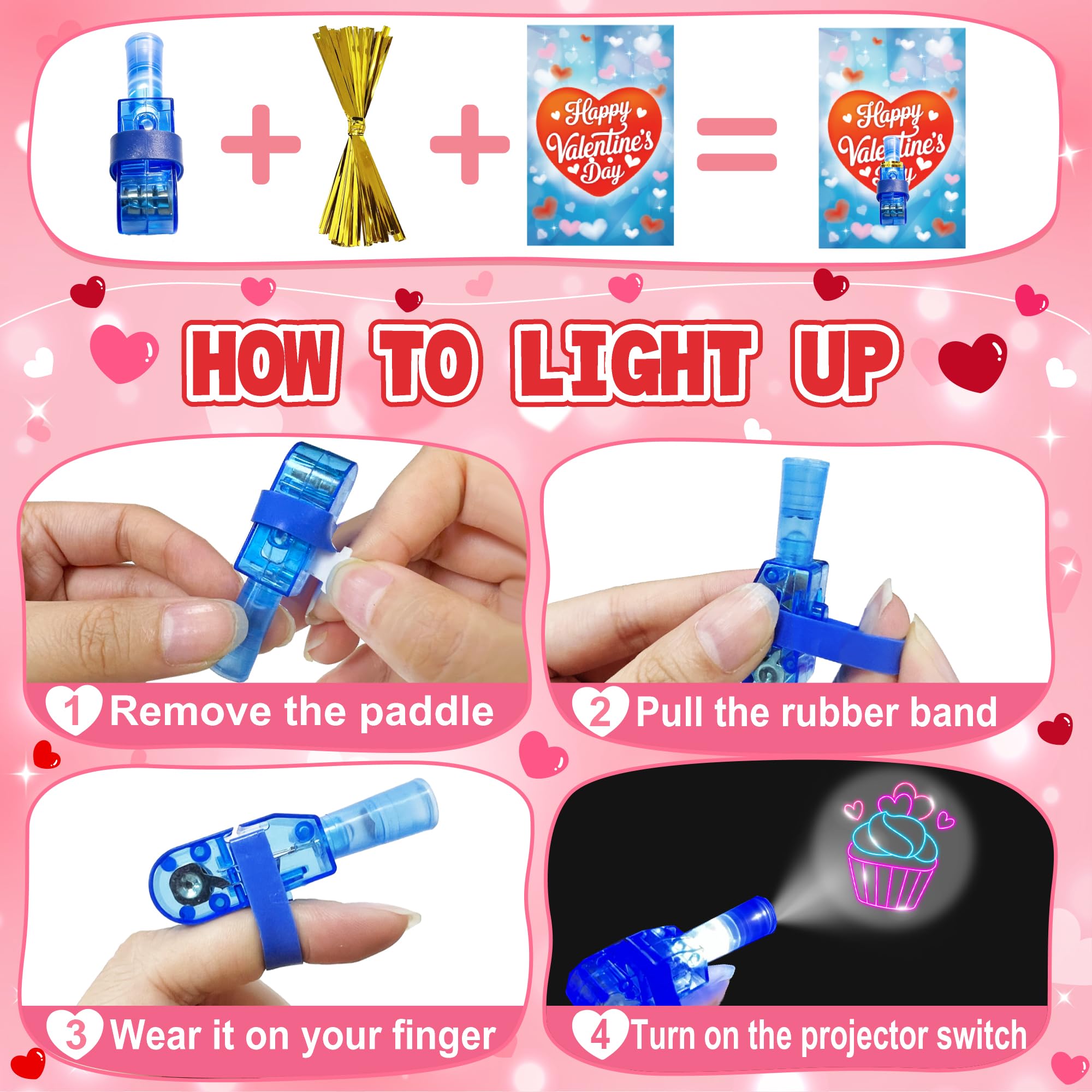 Valentine's Day Cards with Finger Lights - 28 Pack Neon Projection Party Favors for Kids Classroom Exchange