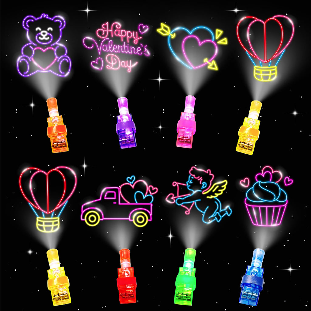Valentine's Day Cards with Finger Lights - 28 Pack Neon Projection Party Favors for Kids Classroom Exchange