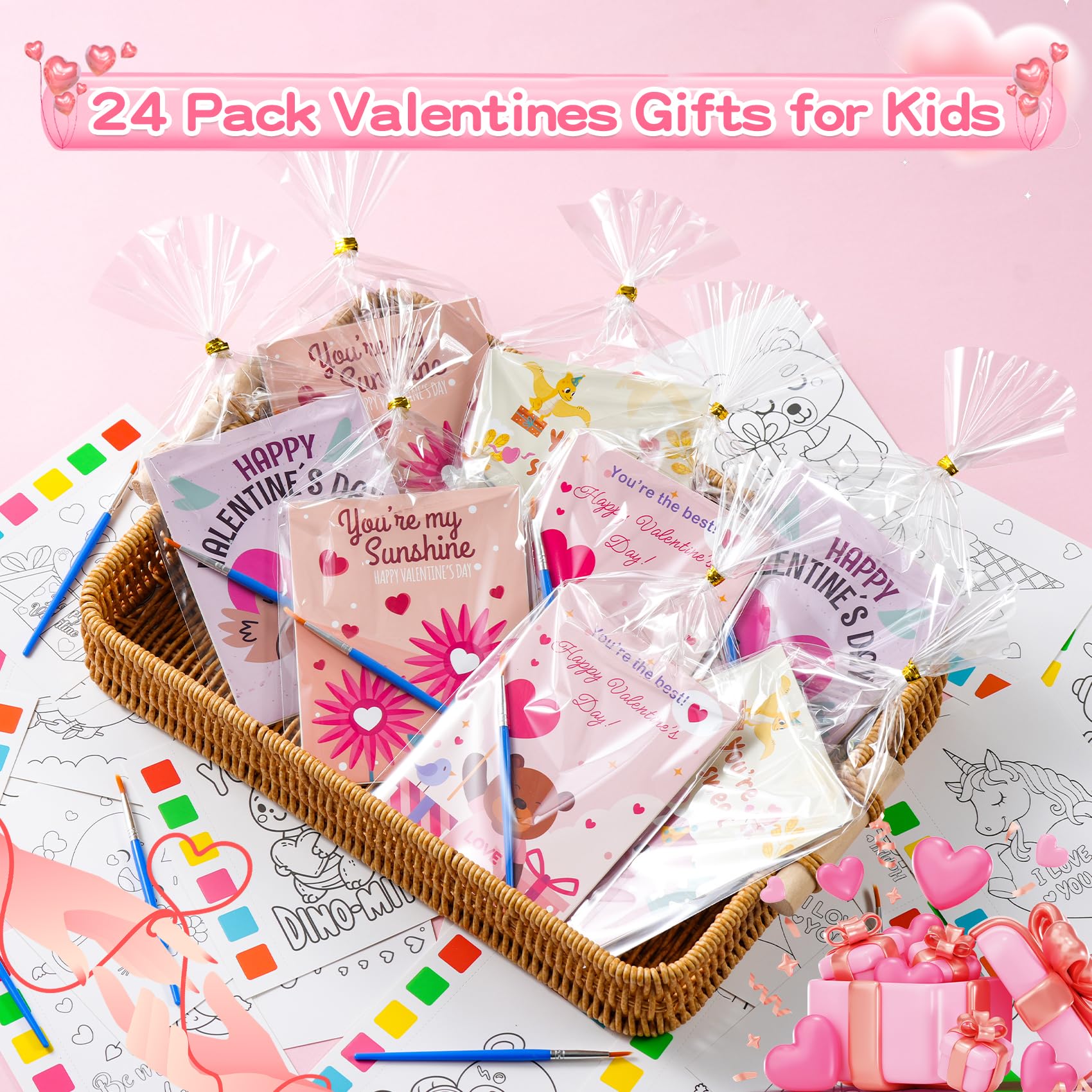 Valentine's Day Gifts for Kids - 536 Pcs Water Coloring Books & Temporary Tattoos Bulk Set with Cards, Bags, Brushes
