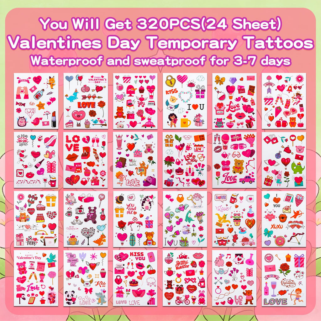 Valentine's Day Gifts for Kids - 536 Pcs Water Coloring Books & Temporary Tattoos Bulk Set with Cards, Bags, Brushes