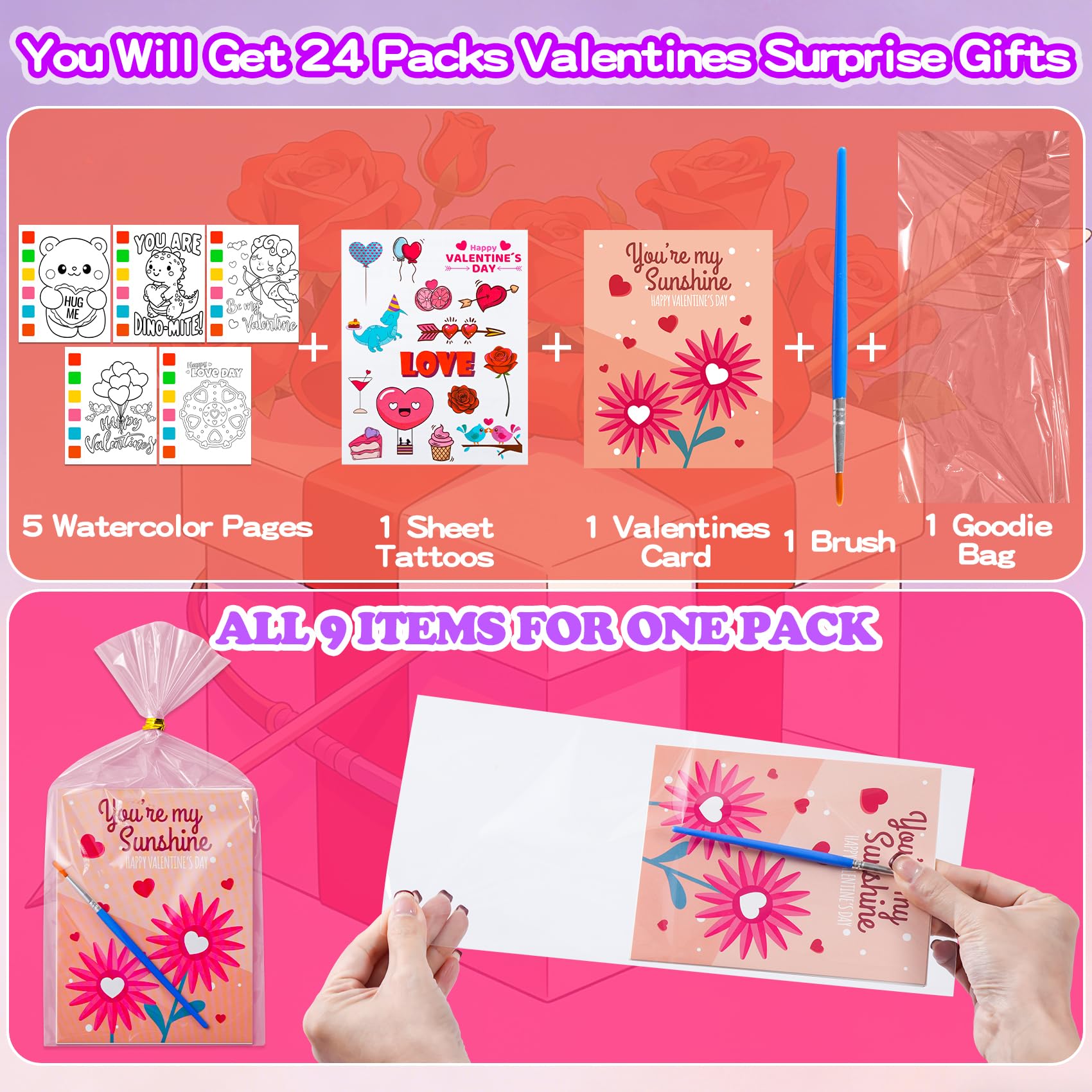 Valentine's Day Gifts for Kids - 536 Pcs Water Coloring Books & Temporary Tattoos Bulk Set with Cards, Bags, Brushes