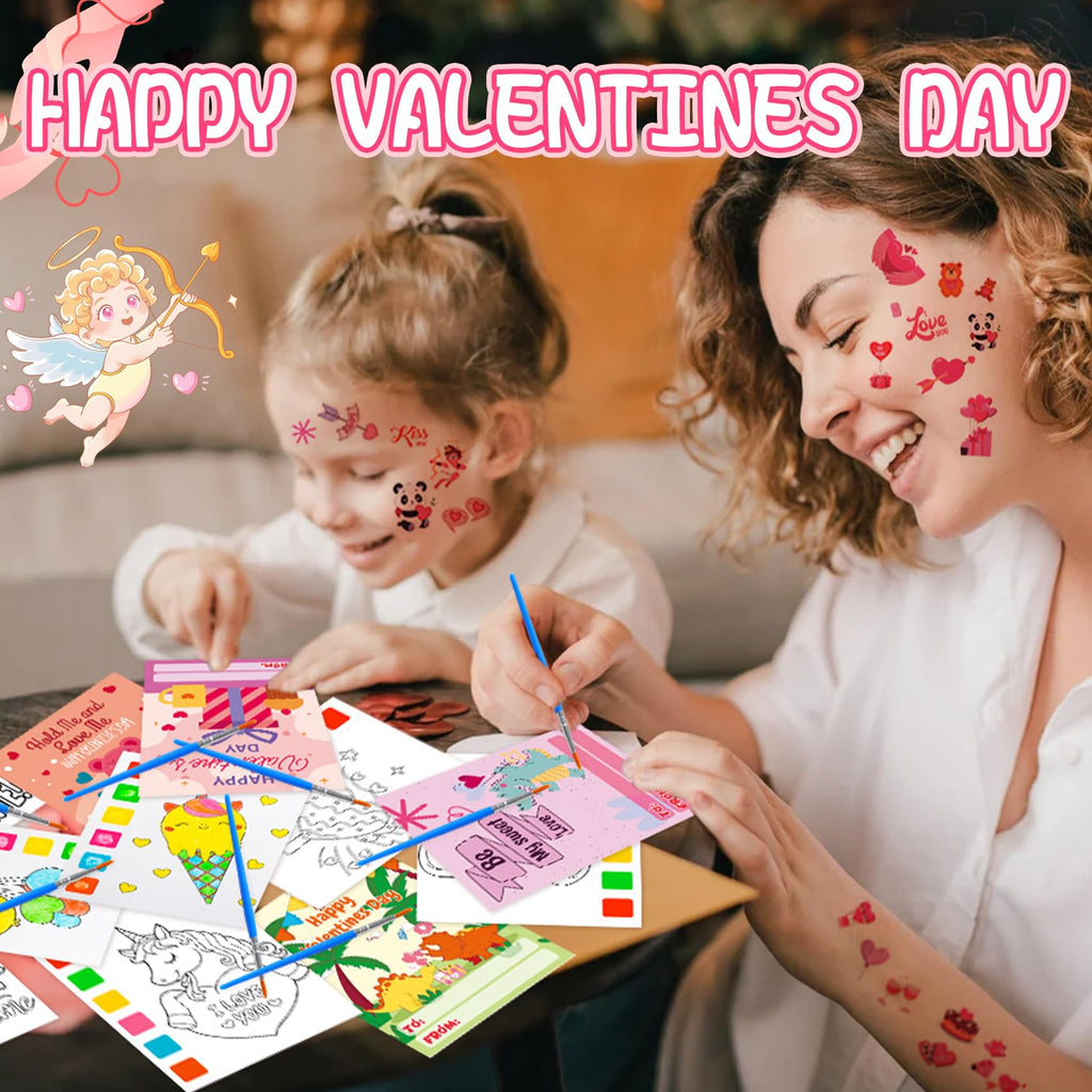 Valentine's Day Gifts for Kids - 536 Pcs Water Coloring Books & Temporary Tattoos Bulk Set with Cards, Bags, Brushes