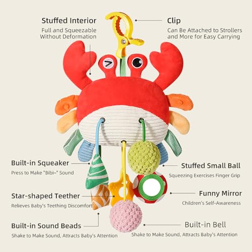 Vamotto Crab Car Seat & Stroller Toy - Sensory Hanging Toy for Babies 0-12 Months with Rattle, Mirror, Squeaker, Fine Motor Skills
