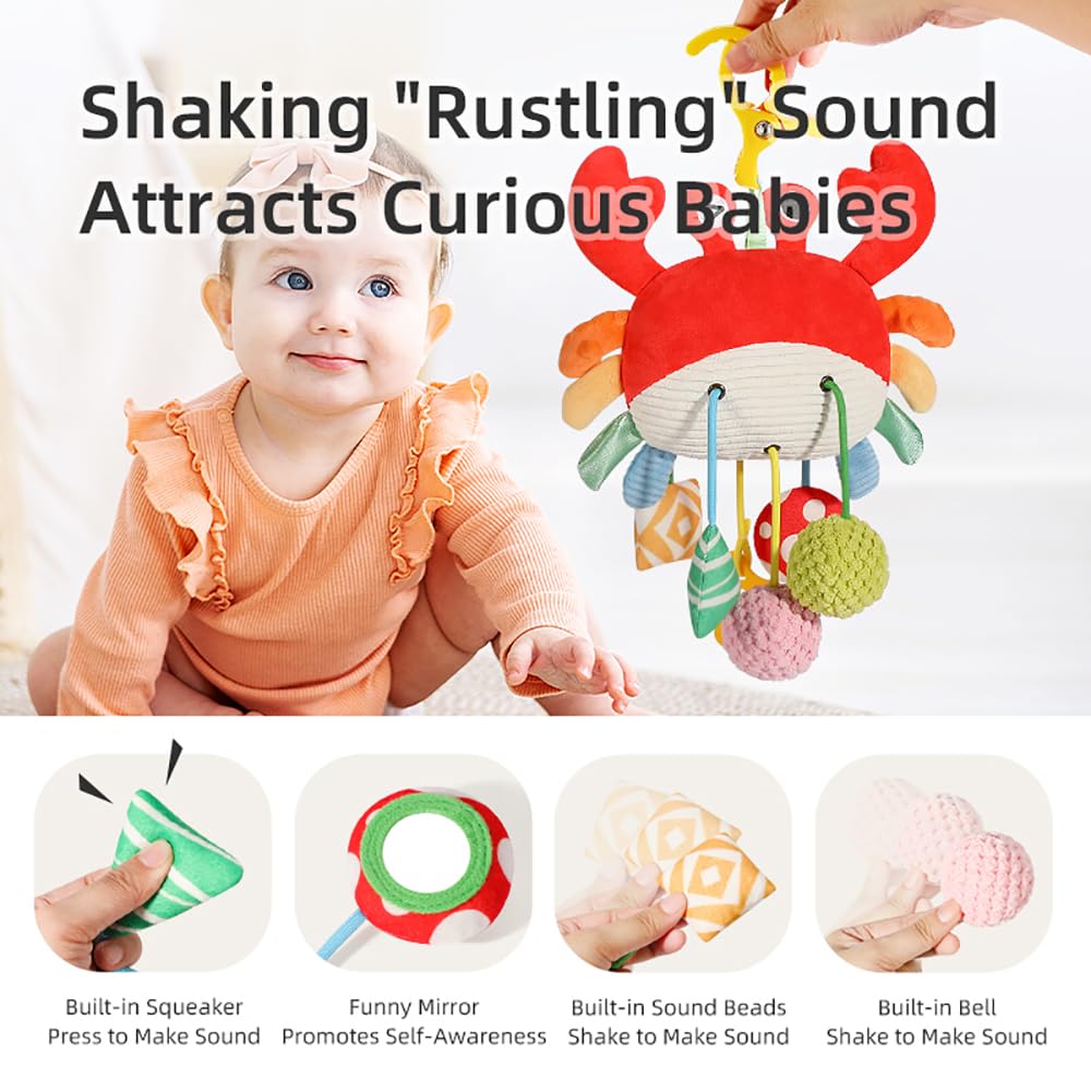 Vamotto Crab Car Seat & Stroller Toy - Sensory Hanging Toy for Babies 0-12 Months with Rattle, Mirror, Squeaker, Fine Motor Skills