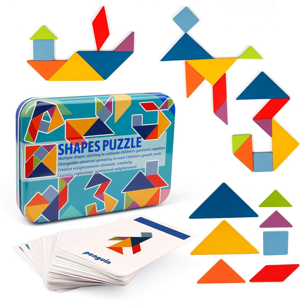 Vanmor Wooden Tangram Puzzle Set – 60 Double-Sided Pattern Cards, Travel Toy for Kids Ages 4-8