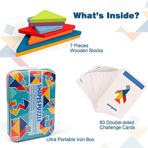 Vanmor Wooden Tangram Puzzle Set – 60 Double-Sided Pattern Cards, Travel Toy for Kids Ages 4-8