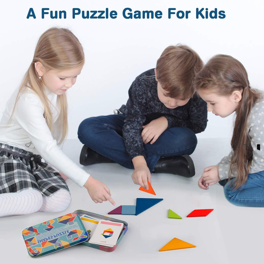 Vanmor Wooden Tangram Puzzle Set – 60 Double-Sided Pattern Cards, Travel Toy for Kids Ages 4-8