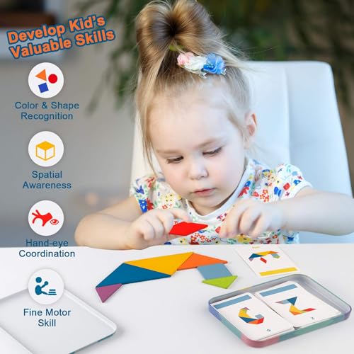 Vanmor Wooden Tangram Puzzle Set – 60 Double-Sided Pattern Cards, Travel Toy for Kids Ages 4-8