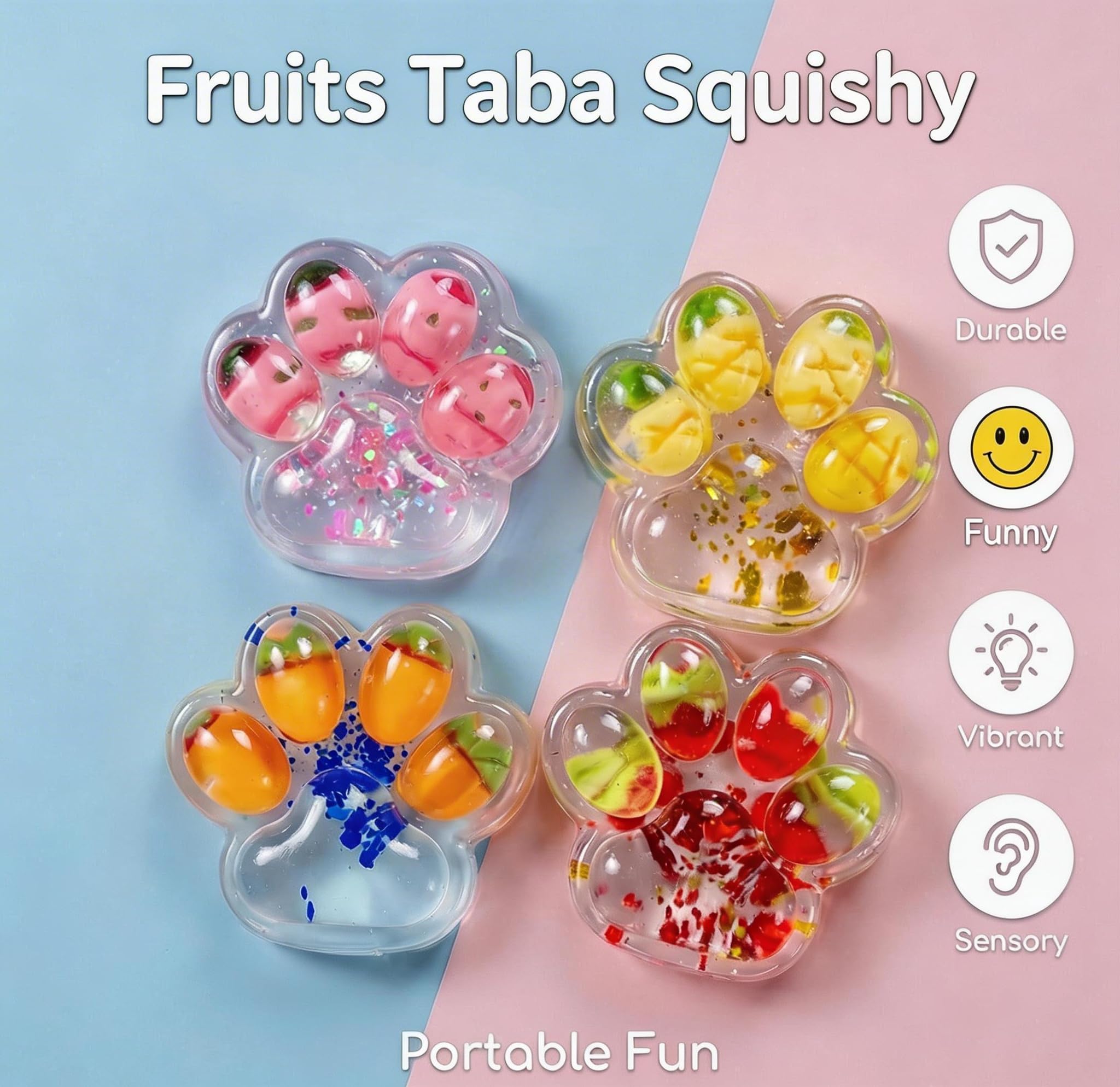 VANNYVANYA 4-Pack Taba Squishy Fruit Fidget Toys – Cat Paw Stress Relief Squeeze Balls