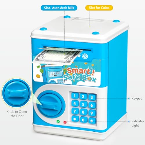 Vcertcpl Blue ATM Piggy Bank for Kids with 4-Digit Code and Auto Bill Slot