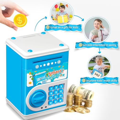 Vcertcpl Blue ATM Piggy Bank for Kids with 4-Digit Code and Auto Bill Slot
