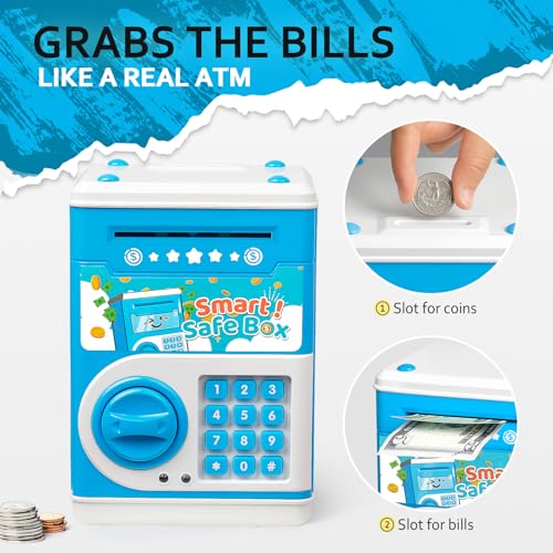 Vcertcpl Blue ATM Piggy Bank for Kids with 4-Digit Code and Auto Bill Slot