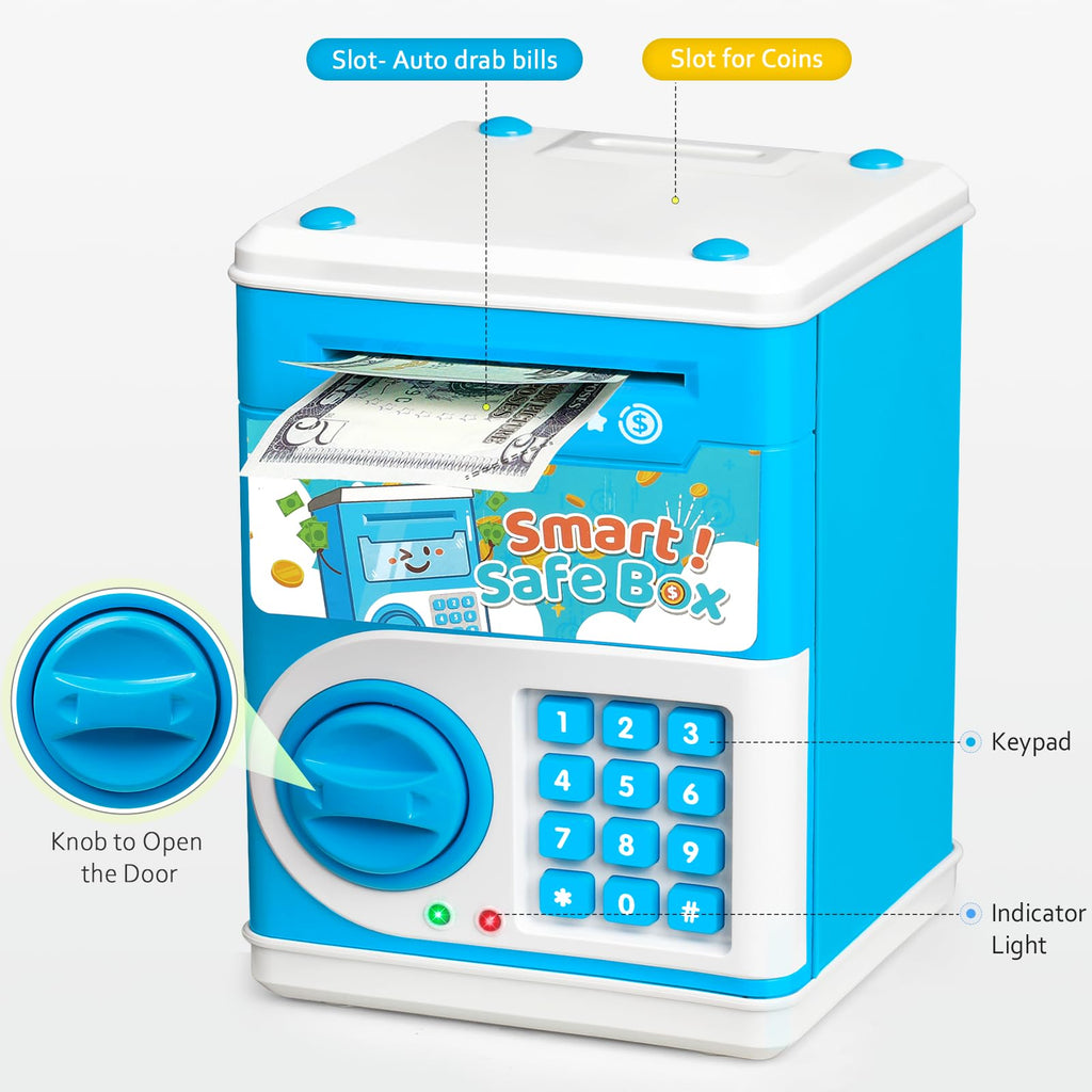 Vcertcpl Blue ATM Piggy Bank for Kids with 4-Digit Code and Auto Bill Slot