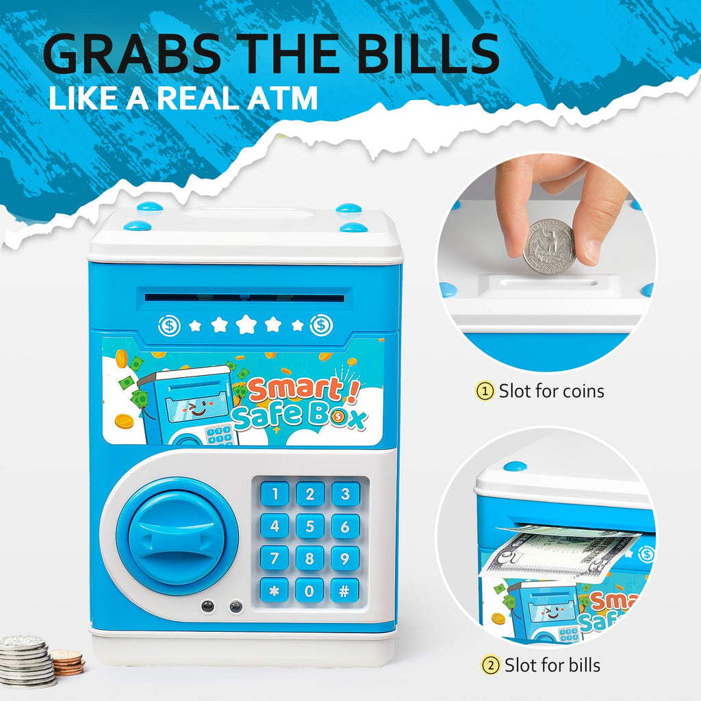 Vcertcpl Blue ATM Piggy Bank for Kids with 4-Digit Code and Auto Bill Slot