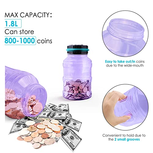 Vcertcpl Digital Coin Counting Piggy Bank, 1.8L Capacity, LCD Screen, Purple