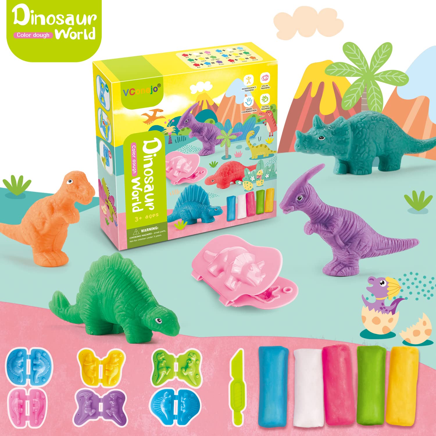 VConejo Dinosaur Dough Playset – Color Dough Accessories with Shape Makers & Plastic Knife for Toddlers Ages 3+