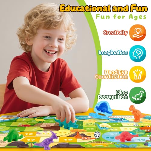 VConejo Dinosaur Dough Set with Board Game - 6 Dino Modeling Tools, 5 Playdough, Adventure Map & Dice for Kids Ages 3+