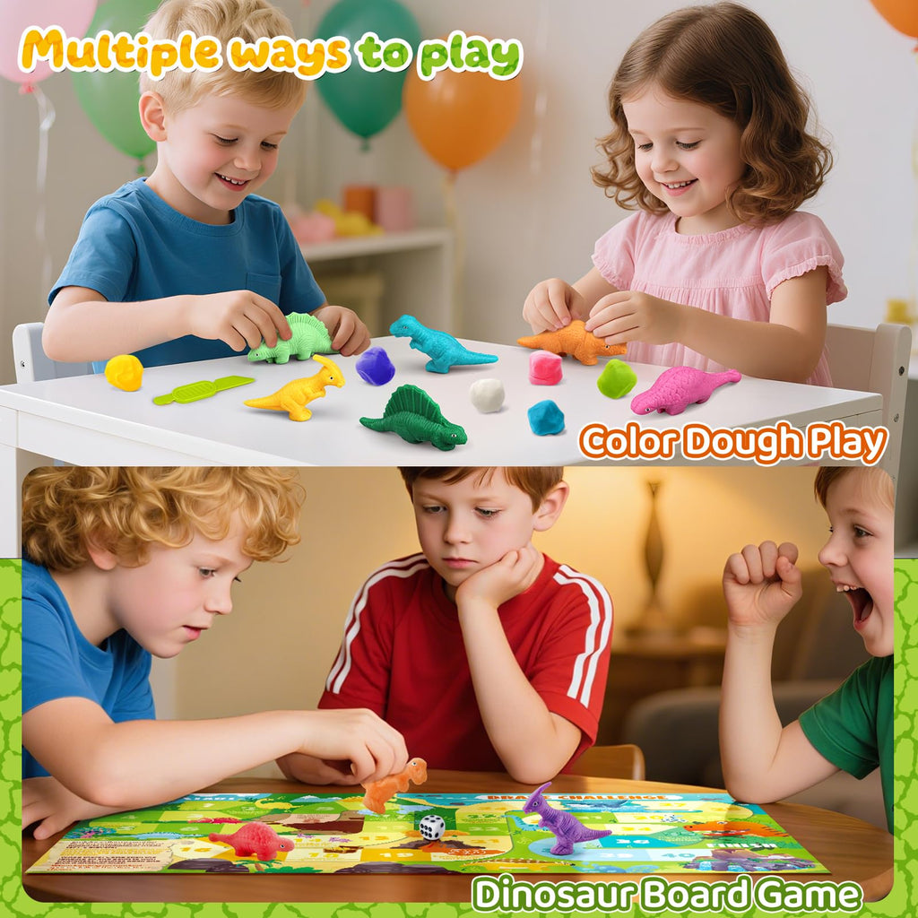 VConejo Dinosaur Dough Set with Board Game - 6 Dino Modeling Tools, 5 Playdough, Adventure Map & Dice for Kids Ages 3+