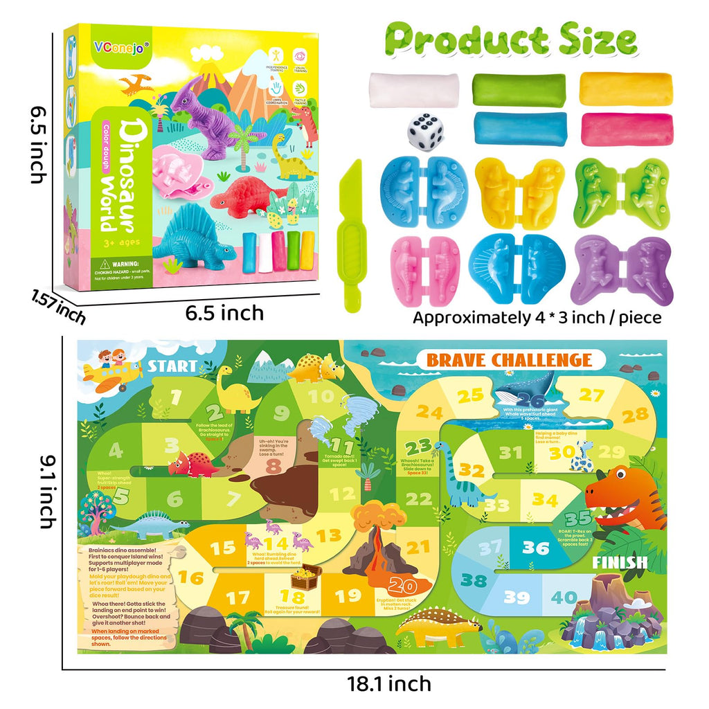 VConejo Dinosaur Dough Set with Board Game - 6 Dino Modeling Tools, 5 Playdough, Adventure Map & Dice for Kids Ages 3+