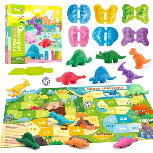 VConejo Dinosaur Dough Set with Board Game - 6 Dino Modeling Tools, 5 Playdough, Adventure Map & Dice for Kids Ages 3+