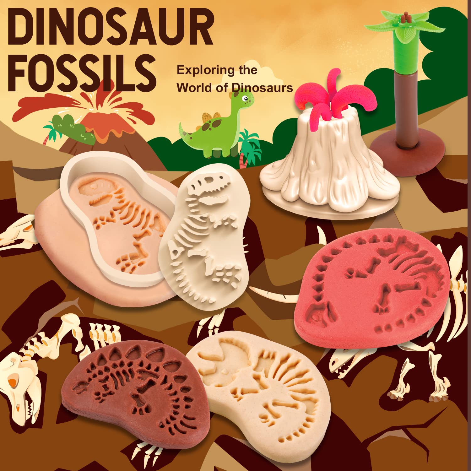 VConejo Dinosaur Fossil Dough Set – 13-Piece Color Clay Kit for Kids Ages 4-8