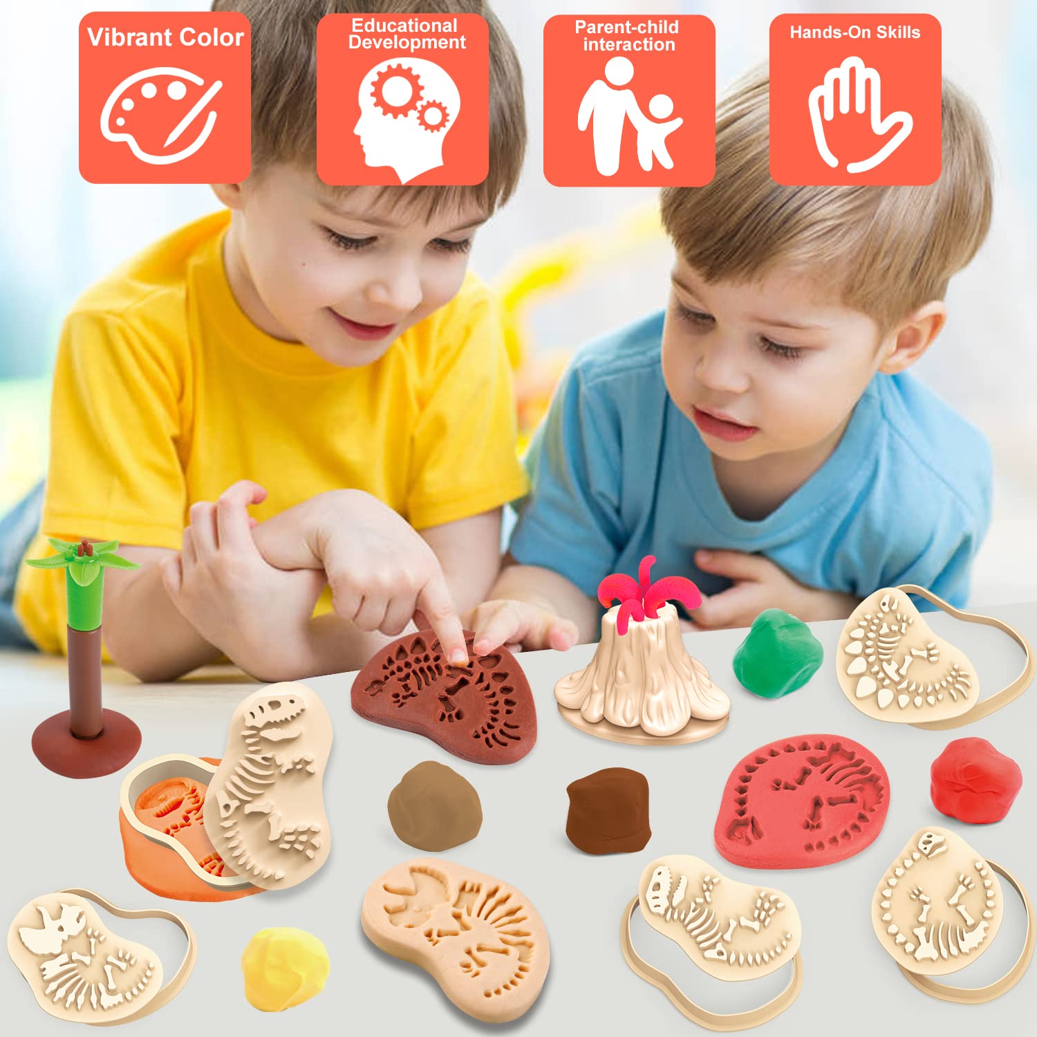 VConejo Dinosaur Fossil Dough Set – 13-Piece Color Clay Kit for Kids Ages 4-8