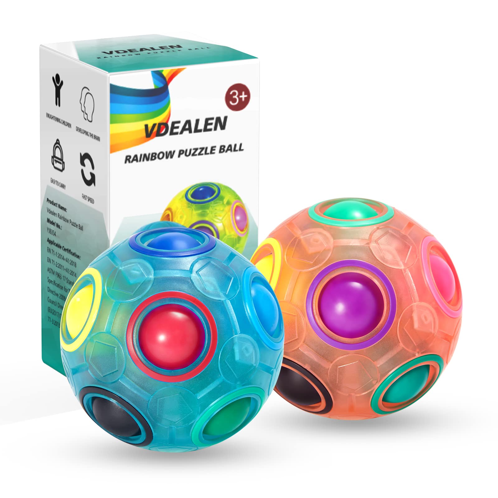Vdealen Magic Rainbow Puzzle Ball 2-Pack – Brain Teaser Fidget Toy for Kids Teens Adults