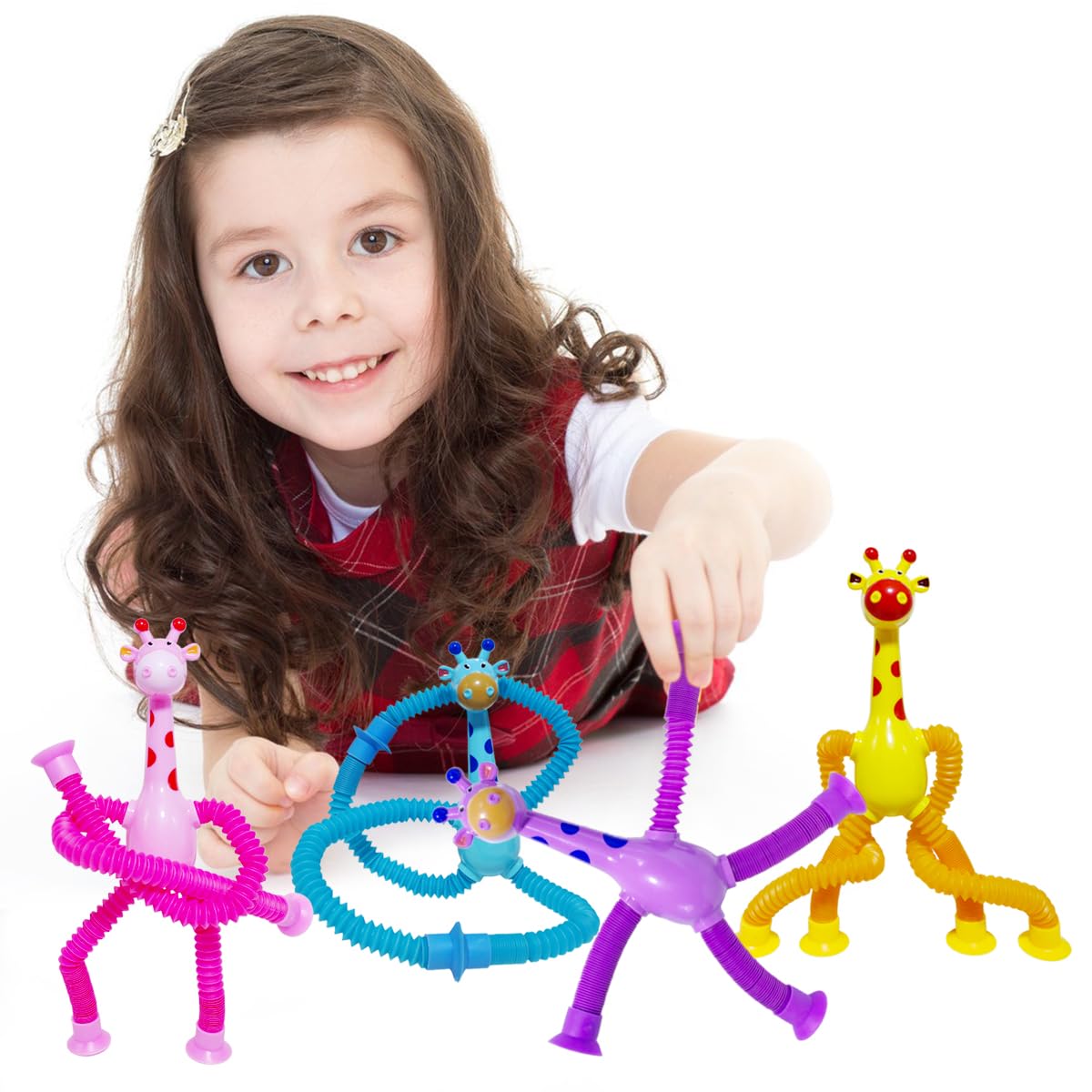 Veakeqe 8-Pack Telescopic Suction Cup Giraffe Fidget Toys - Sensory Pop Tubes for Kids Travel Easter Baskets Party Favors